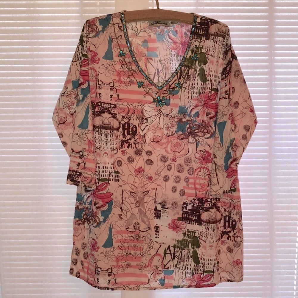 Henna L Cotton Pink City Scapes Floral Swim Tunic Cover Up